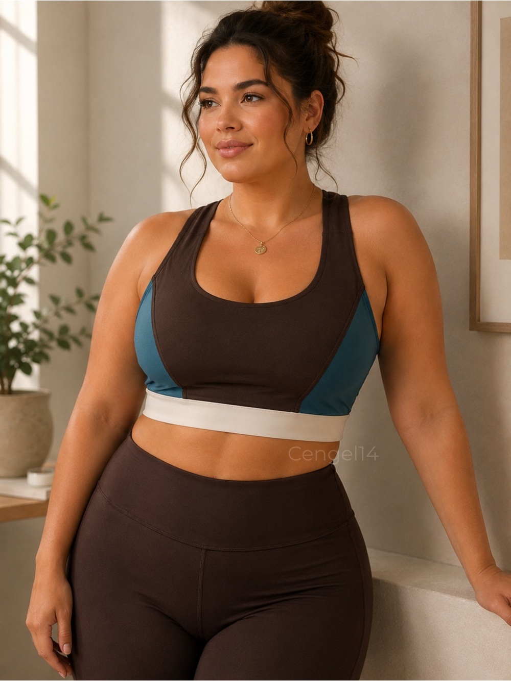 Interval Colorblock Sports Bra 1X Brown Teal Cream Crisscross Back NWT
